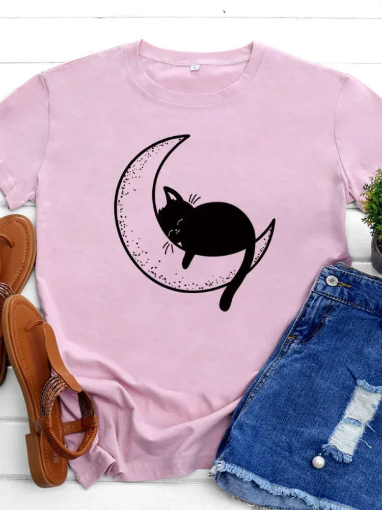 Funki Findz | Shirts | Women's Cat On the Moon Printed T-Shirt