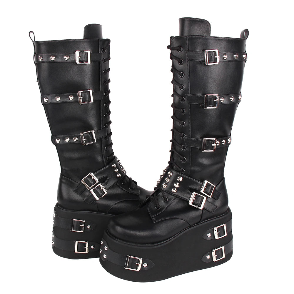 Funki Findz | Boots | Women's Gothic Buckle Rivet Wedge Boots
