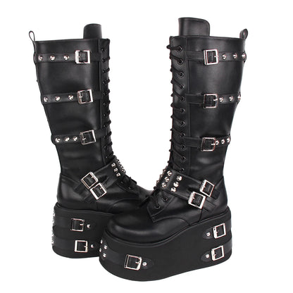 Funki Findz | Boots | Women's Gothic Buckle Rivet Wedge Boots