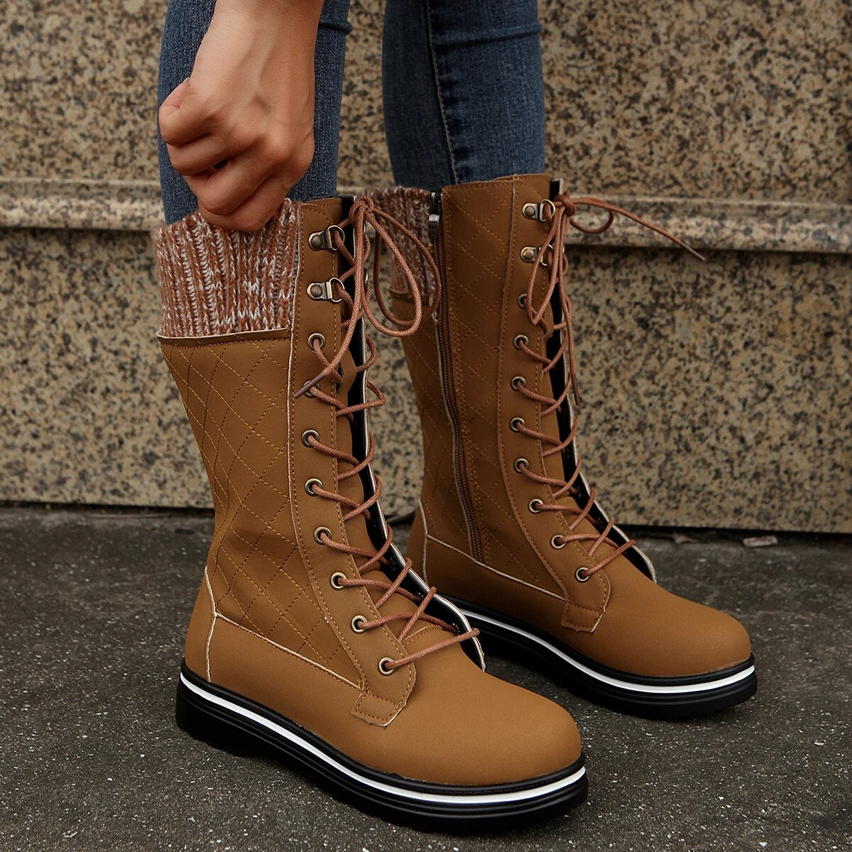Funki Findz | Boots | Women's Plush Mid-Calf Lace Up Flat Boots