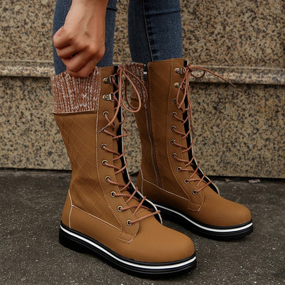 Funki Findz | Boots | Women's Plush Mid-Calf Lace Up Flat Boots