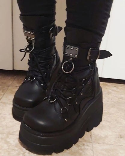 Funki Findz | Boots | Women's Goth Lace Up Platform Wedges