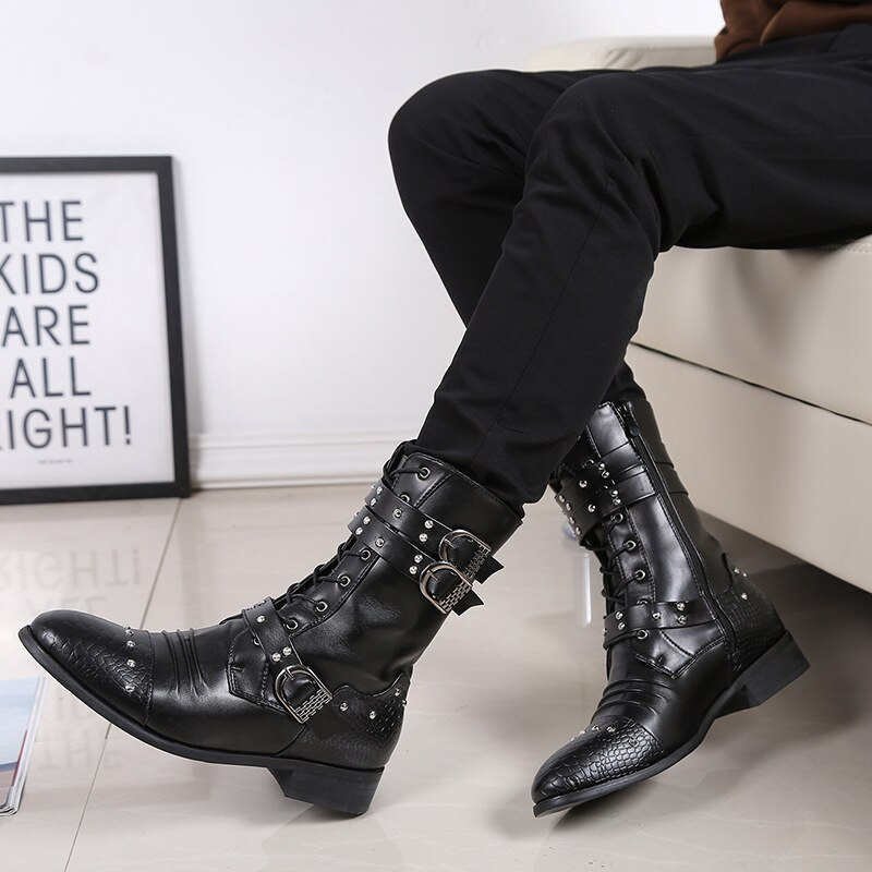 Funki Findz | Boots | Men's Leather Lace Up Buckle Strap Boots