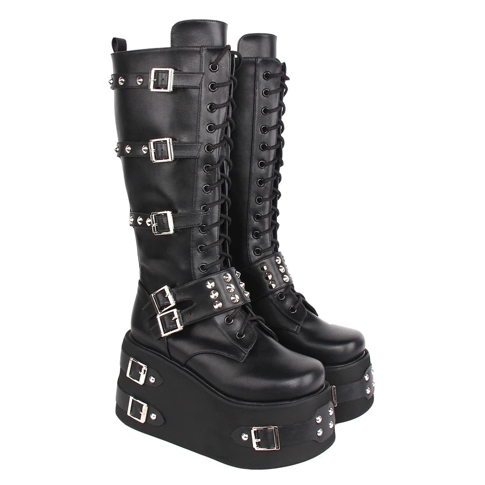 Funki Findz | Boots | Women's Gothic Buckle Rivet Wedge Boots