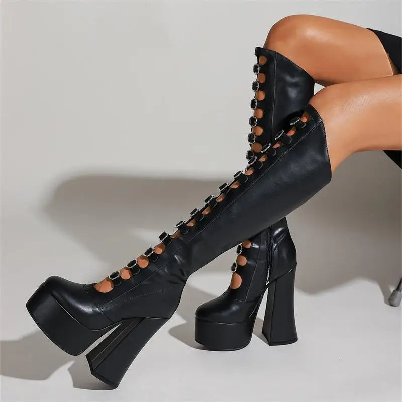 Funki Findz | Boots | Women's Cut Out Chunky Knee High Boots