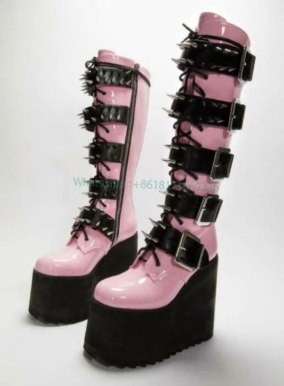 Funki Findz | Boots | Women's Pink Studded Belt Platform Boots