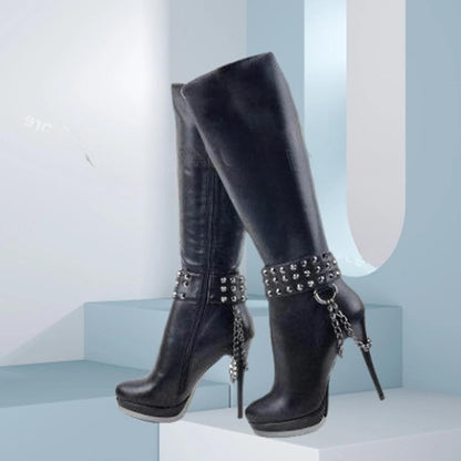 Funki Findz | Boots | Women's Knee High Chain Stiletto Boots