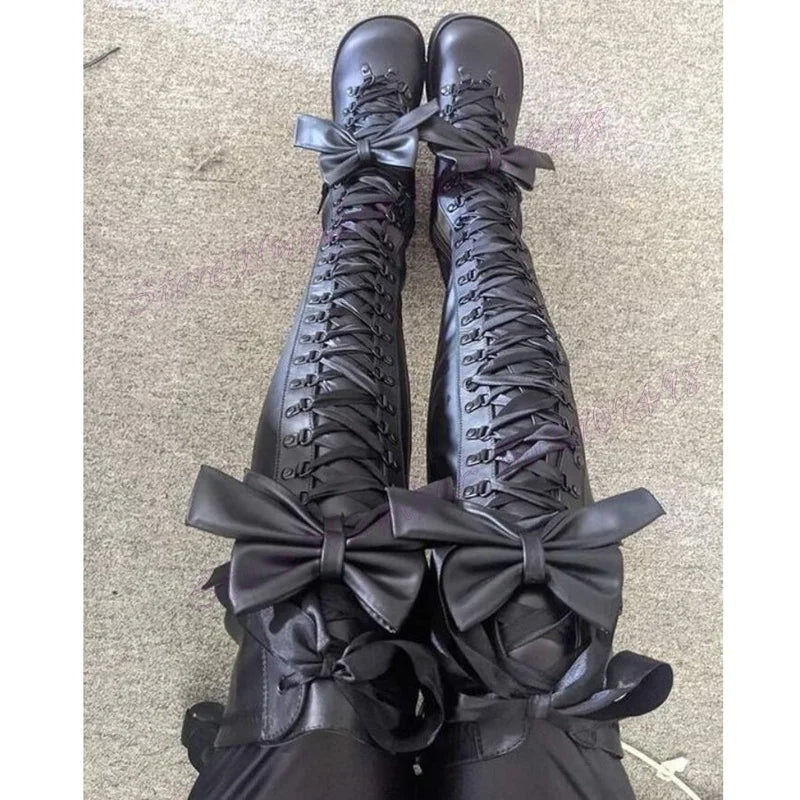 Funki Findz | Boots | Women's Matte Over Knee Bow Knot Boots