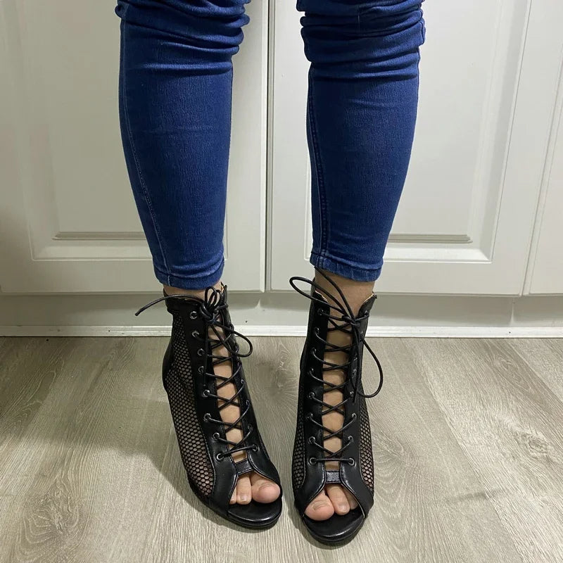 Funki Findz | Boots | Women's Mesh Peep Toe Stiletto Booties