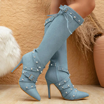 Funki Findz | Boots | Women's Denim Cross Strap Buckle Boots