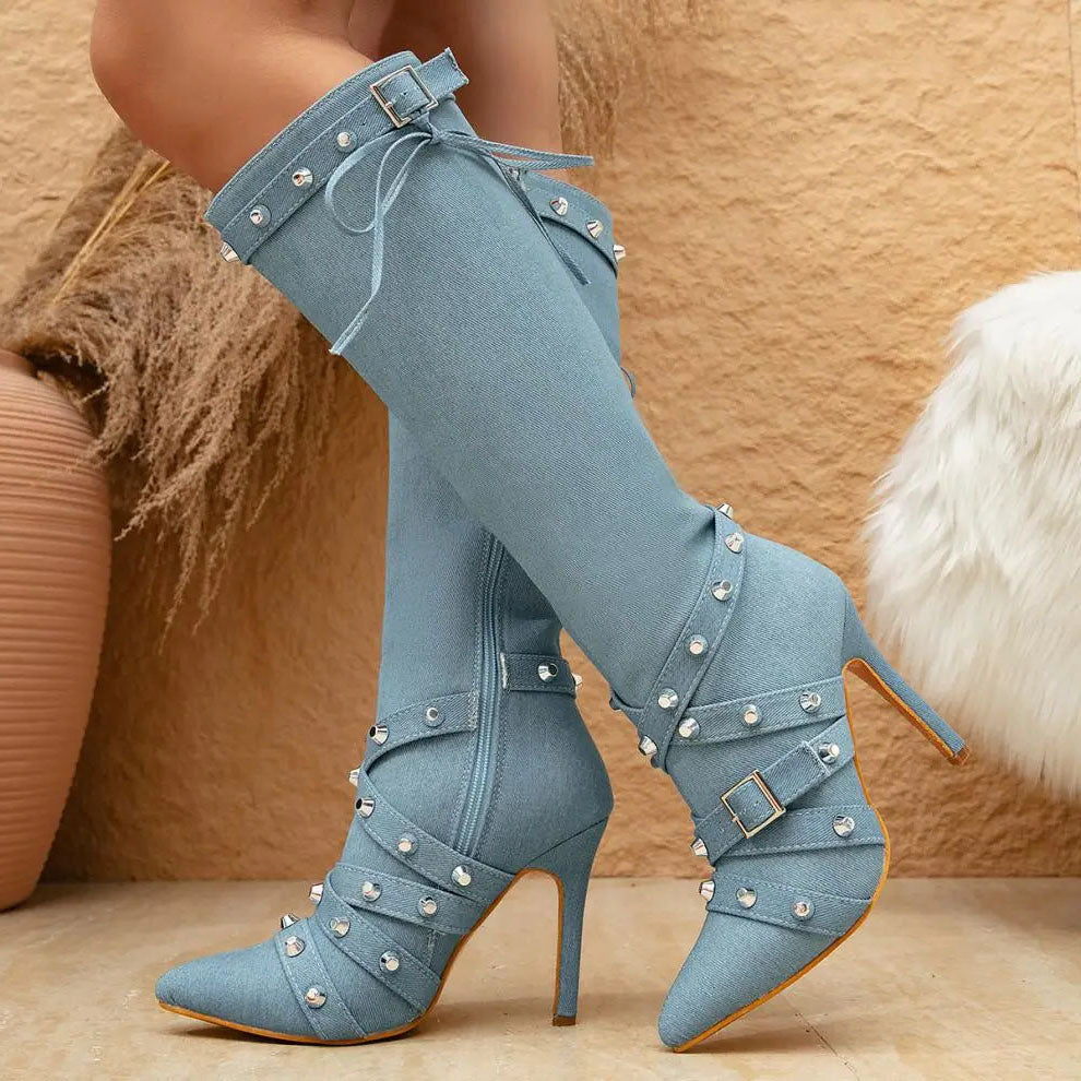 Funki Findz | Boots | Women's Denim Cross Strap Buckle Boots