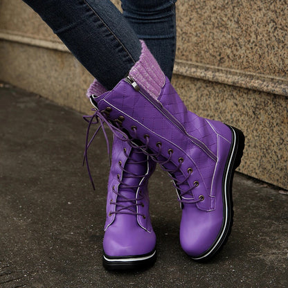 Funki Findz | Boots | Women's Plush Mid-Calf Lace Up Flat Boots