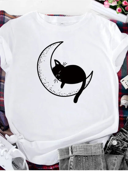 Funki Findz | Shirts | Women's Cat On the Moon Printed T-Shirt