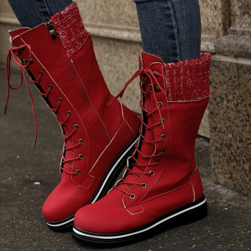 Funki Findz | Boots | Women's Plush Mid-Calf Lace Up Flat Boots