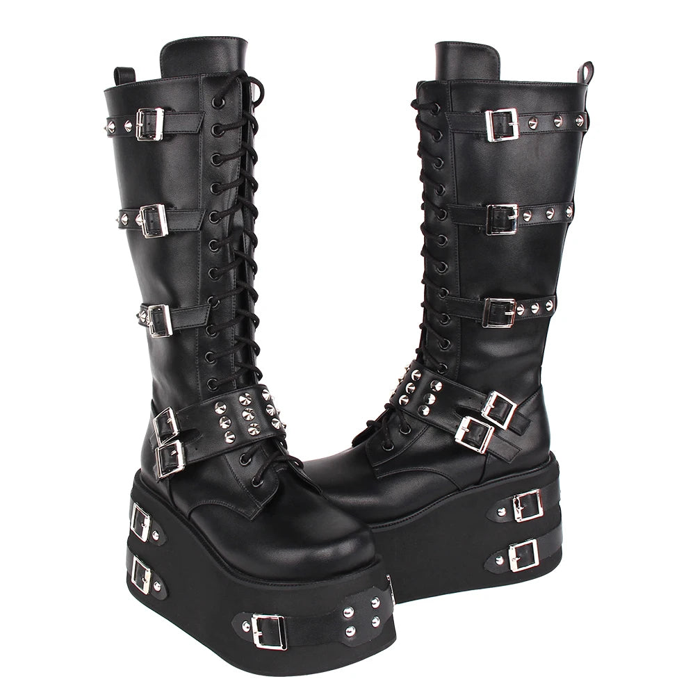 Funki Findz | Boots | Women's Gothic Buckle Rivet Wedge Boots