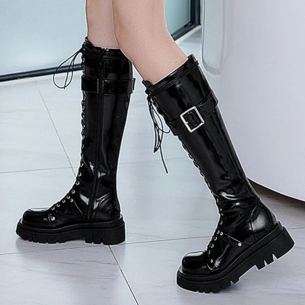 Funki Findz | Boots | Women's Patent Buckle Strap Lace Up Boot