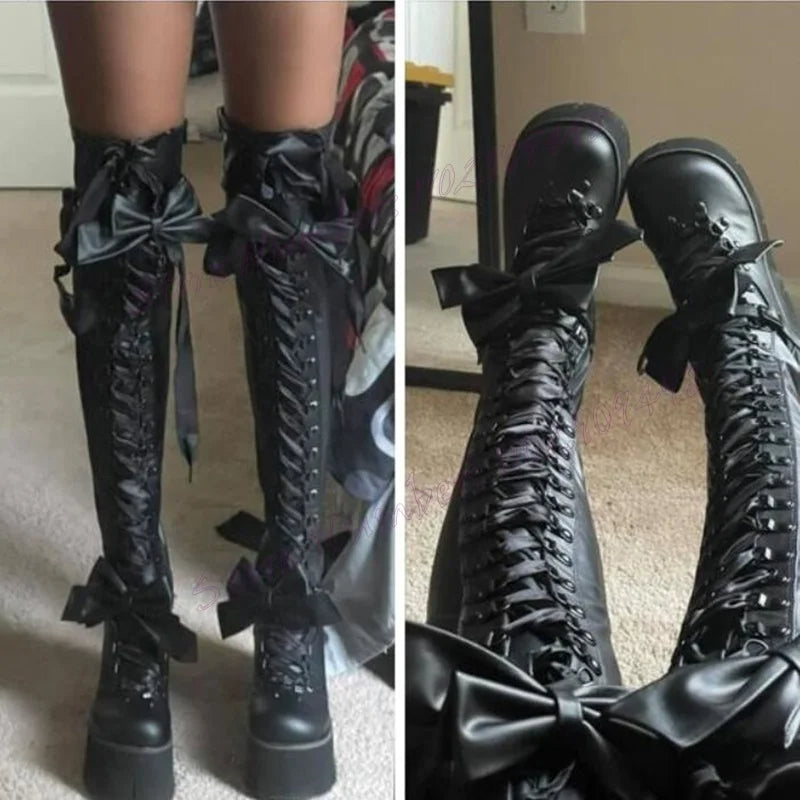 Funki Findz | Boots | Women's Matte Over Knee Bow Knot Boots