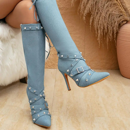 Funki Findz | Boots | Women's Denim Cross Strap Buckle Boots