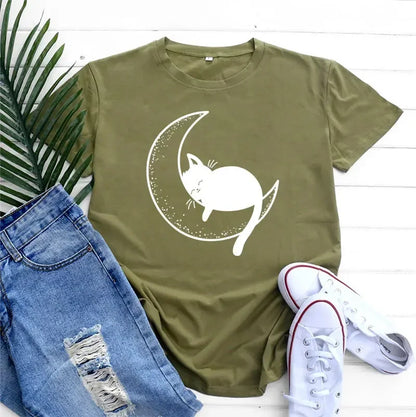 Funki Findz | Shirts | Women's Cat On the Moon Printed T-Shirt