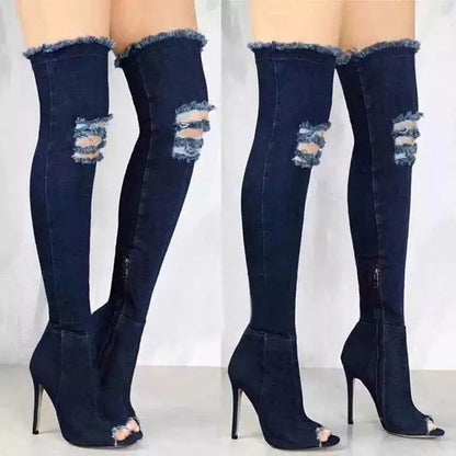 Funki Findz | Boots | Women's Denim Over Knee Stiletto Boots