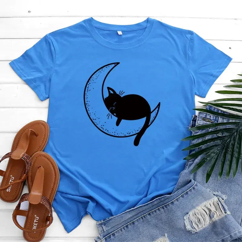 Funki Findz | Shirts | Women's Cat On the Moon Printed T-Shirt