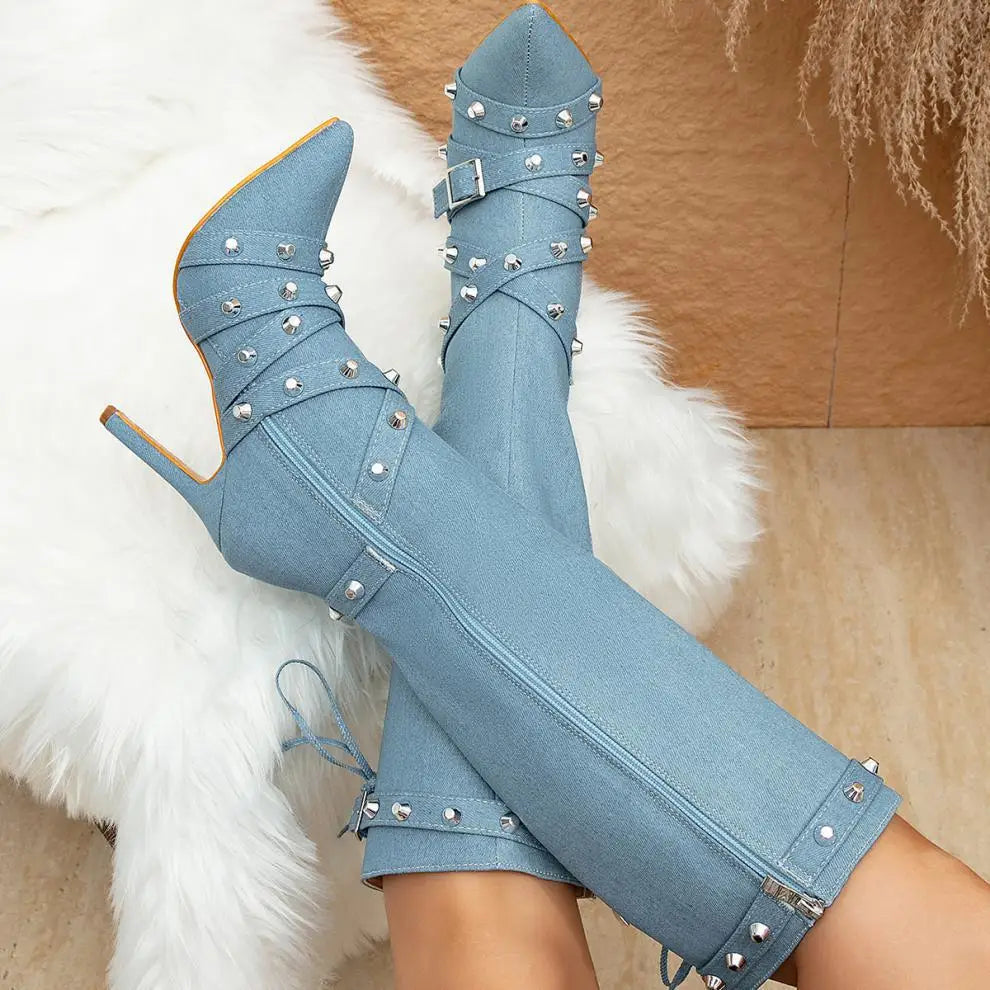 Funki Findz | Boots | Women's Denim Cross Strap Buckle Boots