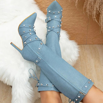 Funki Findz | Boots | Women's Denim Cross Strap Buckle Boots