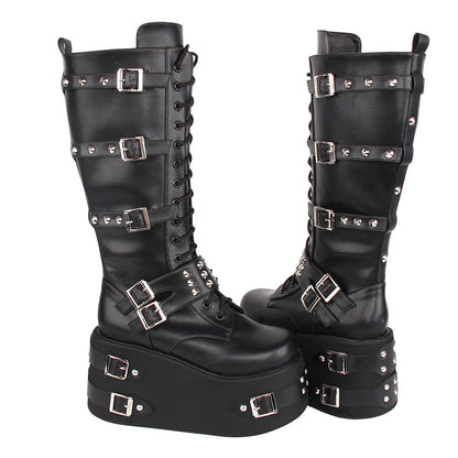 Funki Findz | Boots | Women's Gothic Buckle Rivet Wedge Boots