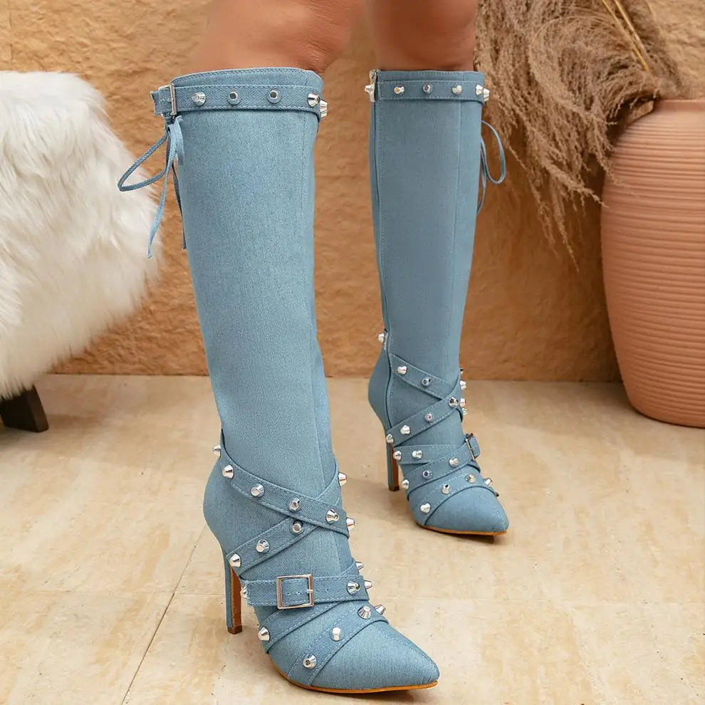 Funki Findz | Boots | Women's Denim Cross Strap Buckle Boots