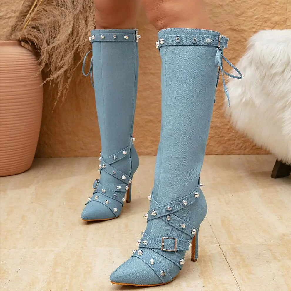 Funki Findz | Boots | Women's Denim Cross Strap Buckle Boots