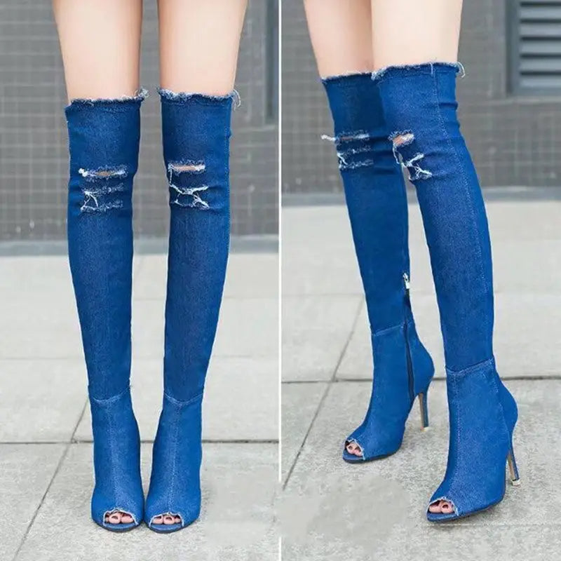 Funki Findz | Boots | Women's Denim Over Knee Stiletto Boots