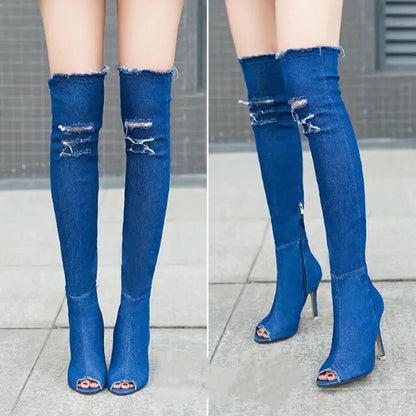 Funki Findz | Boots | Women's Denim Over Knee Stiletto Boots