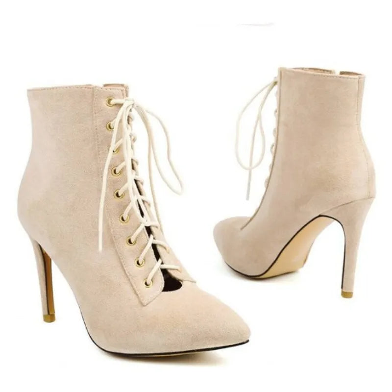 Funki Findz | Boots | Women's Suede Lace Up Stiletto Short Boot