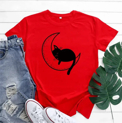 Funki Findz | Shirts | Women's Cat On the Moon Printed T-Shirt