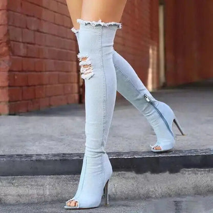 Funki Findz | Boots | Women's Denim Over Knee Stiletto Boots