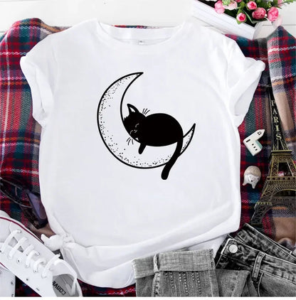 Funki Findz | Shirts | Women's Cat On the Moon Printed T-Shirt