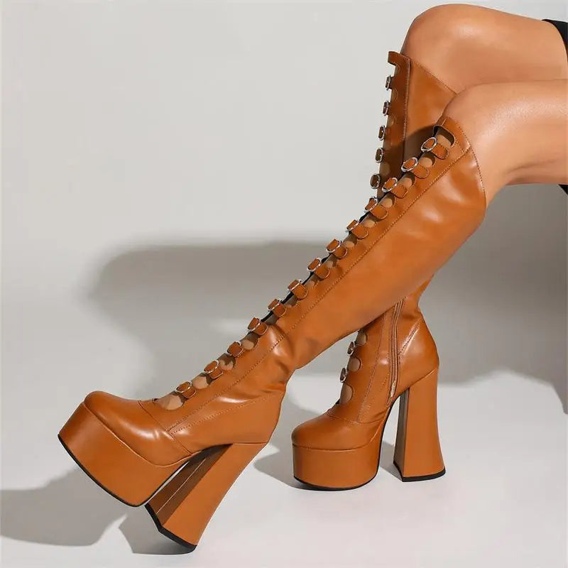 Funki Findz | Boots | Women's Cut Out Chunky Knee High Boots