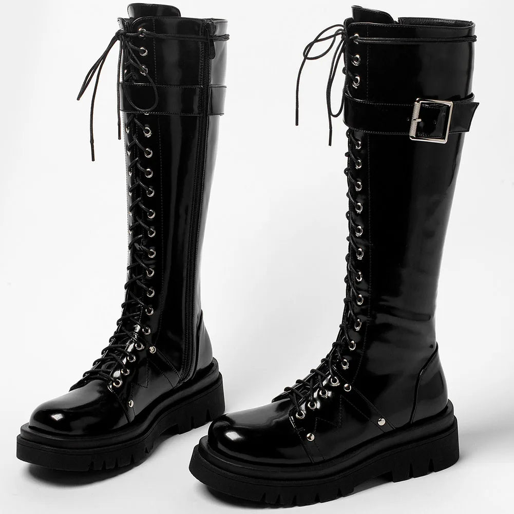 Funki Findz | Boots | Women's Patent Buckle Strap Lace Up Boot