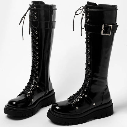 Funki Findz | Boots | Women's Patent Buckle Strap Lace Up Boot