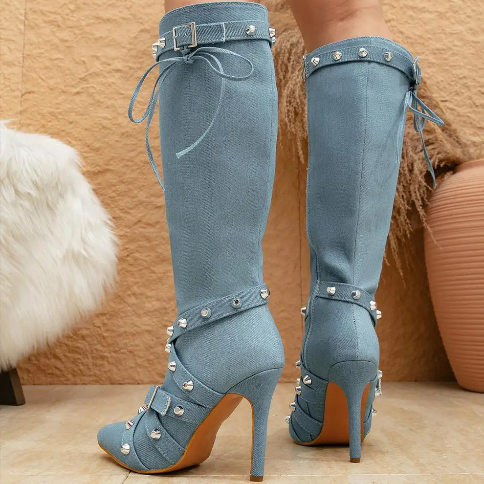 Funki Findz | Boots | Women's Denim Cross Strap Buckle Boots