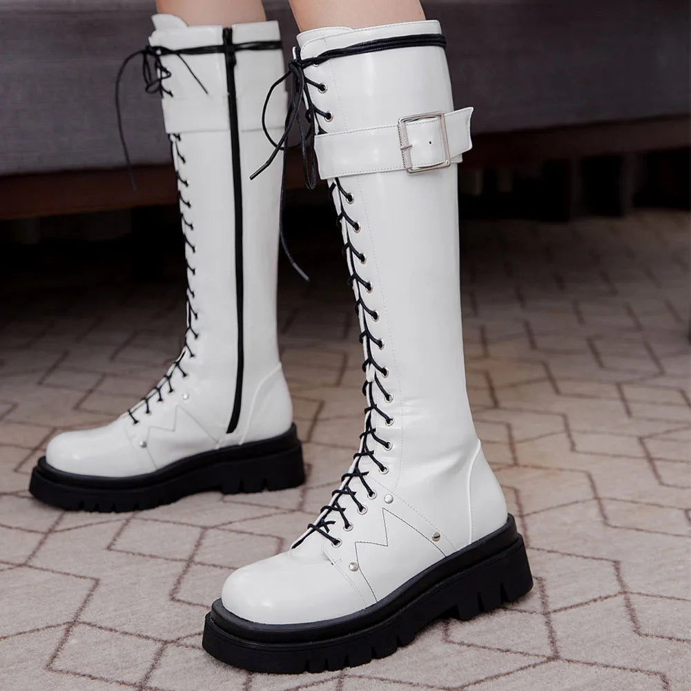 Funki Findz | Boots | Women's Patent Buckle Strap Lace Up Boot