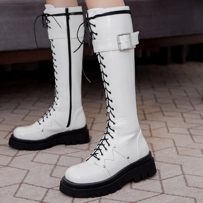 Funki Findz | Boots | Women's Patent Buckle Strap Lace Up Boot