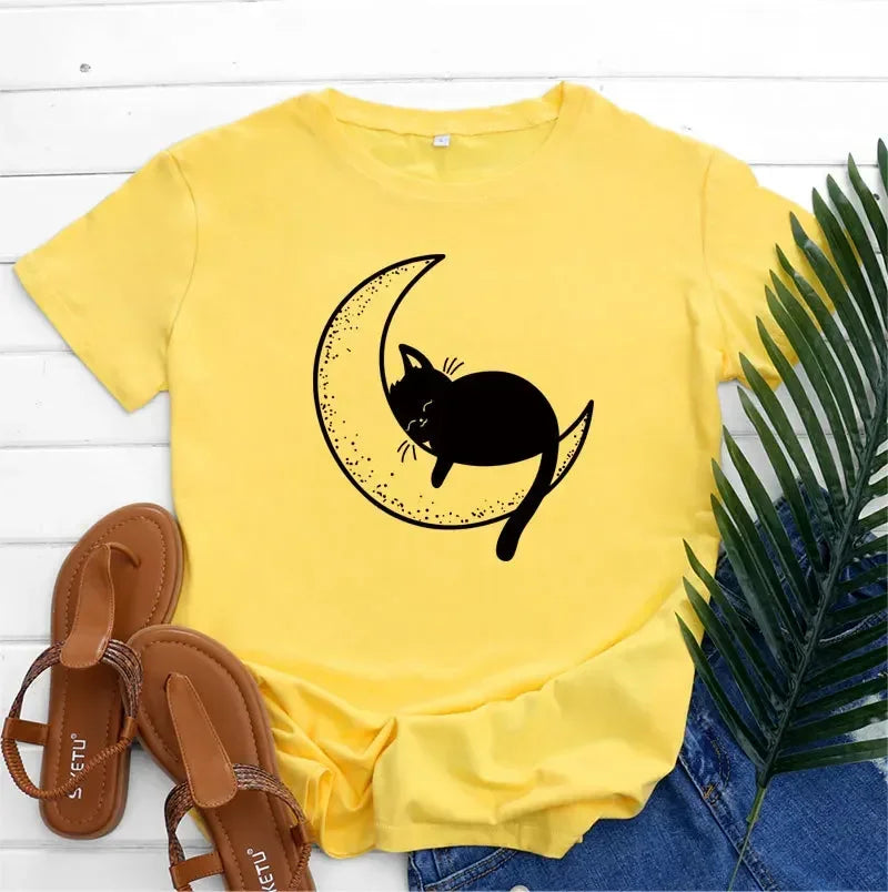 Funki Findz | Shirts | Women's Cat On the Moon Printed T-Shirt