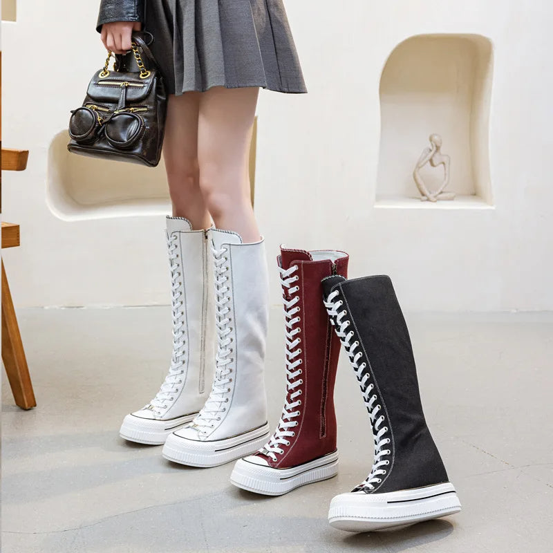 Funki Findz | Boots | Women's Lace Up Knee High Canvas Boots