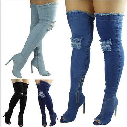 Funki Findz | Boots | Women's Denim Over Knee Stiletto Boots
