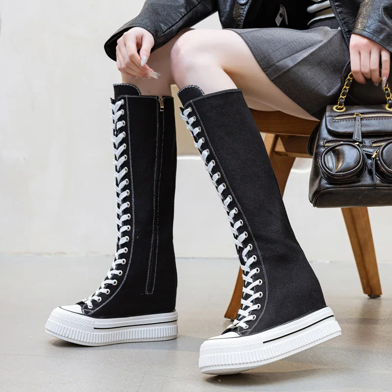 Funki Findz | Boots | Women's Lace Up Knee High Canvas Boots