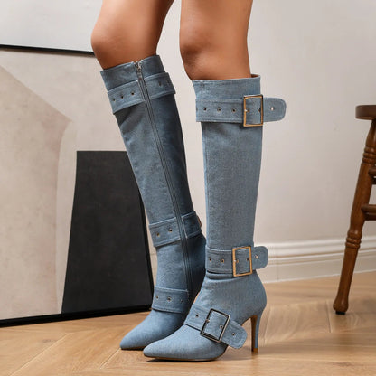 Funki Findz | Boots | Women's Denim Buckle Strap Stiletto Boots