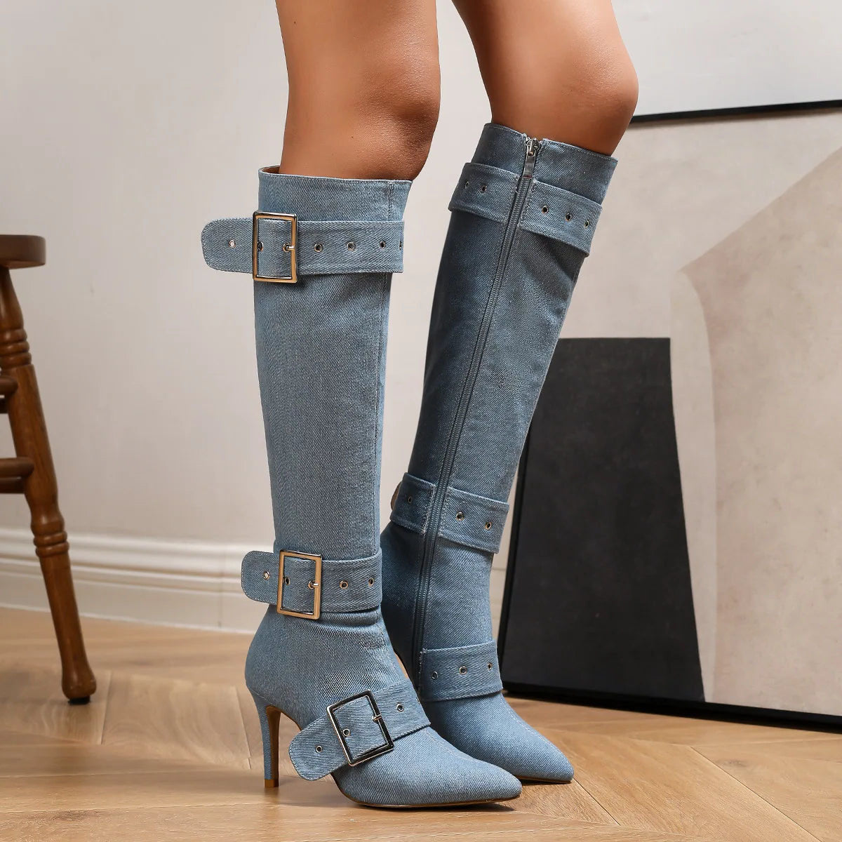 Funki Findz | Boots | Women's Denim Buckle Strap Stiletto Boots
