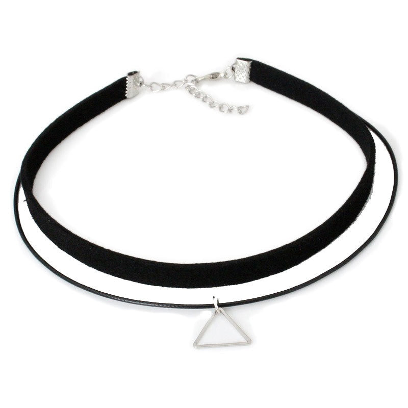 A black choker necklace with a thin cord attached to a triangle pendant. It has an adjustable silver clasp, creating a minimalist and modern look.