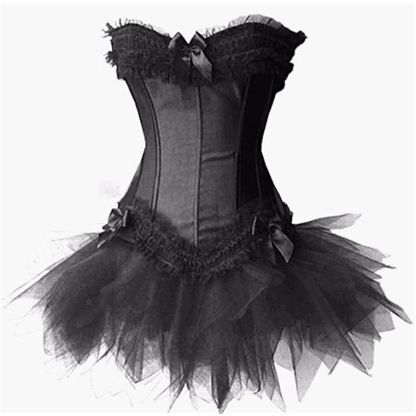 A black strapless corset dress with ruffled lace details and a tutu skirt. It features ribbon bows for an elegant, dramatic appearance.